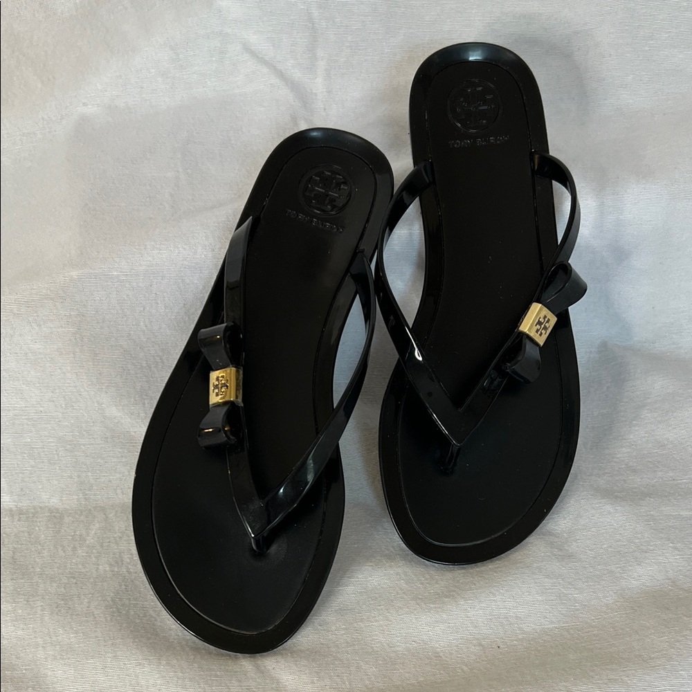 Tory Burch Michaela Bow Black Sandals with Gold Accent